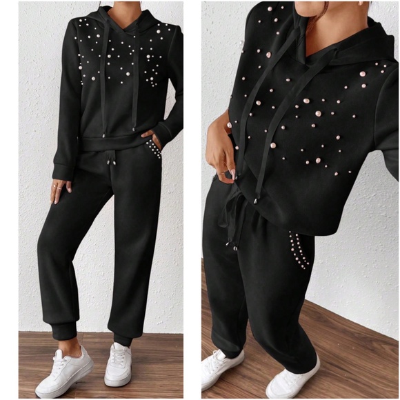 Cozy Fleece Lined Faux Pearl Hoodie Jogger Pants Set - Picture 10 of 12